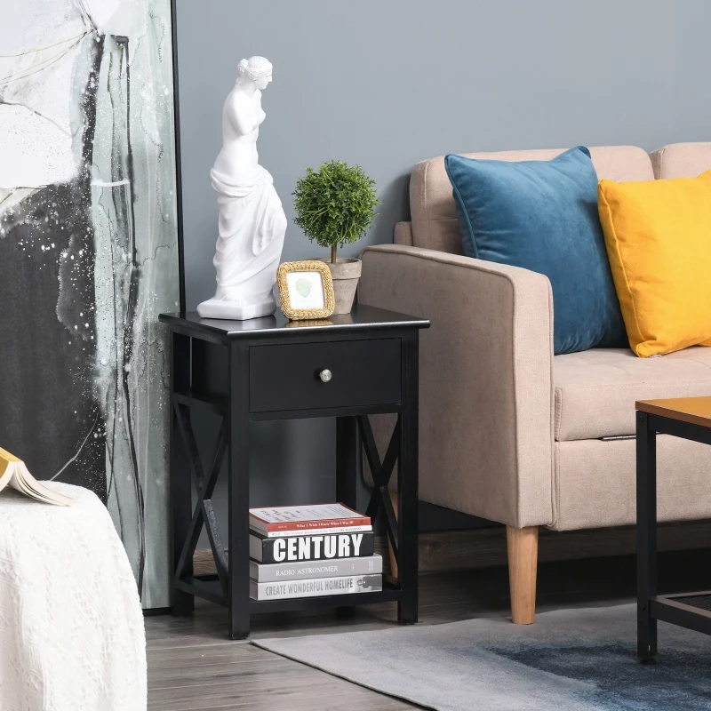 HOMCOM End Table, Sofa Side Table with Drawer X Bar Bottom Storage Shelf, Nightstand Bedside Table for Bedroom or Living Room Black