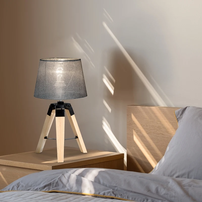HOMCOM Wooden Tripod Table Lamp for Side, Desk or End Table with E27 Bulb Base（Grey Shade）