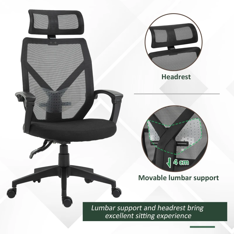 Vinsetto High Back Home Mesh Office Chair Swivel Reclining w/ Lumbar Support Height Adjustable Free Moving Suitable For Working Relaxing Black