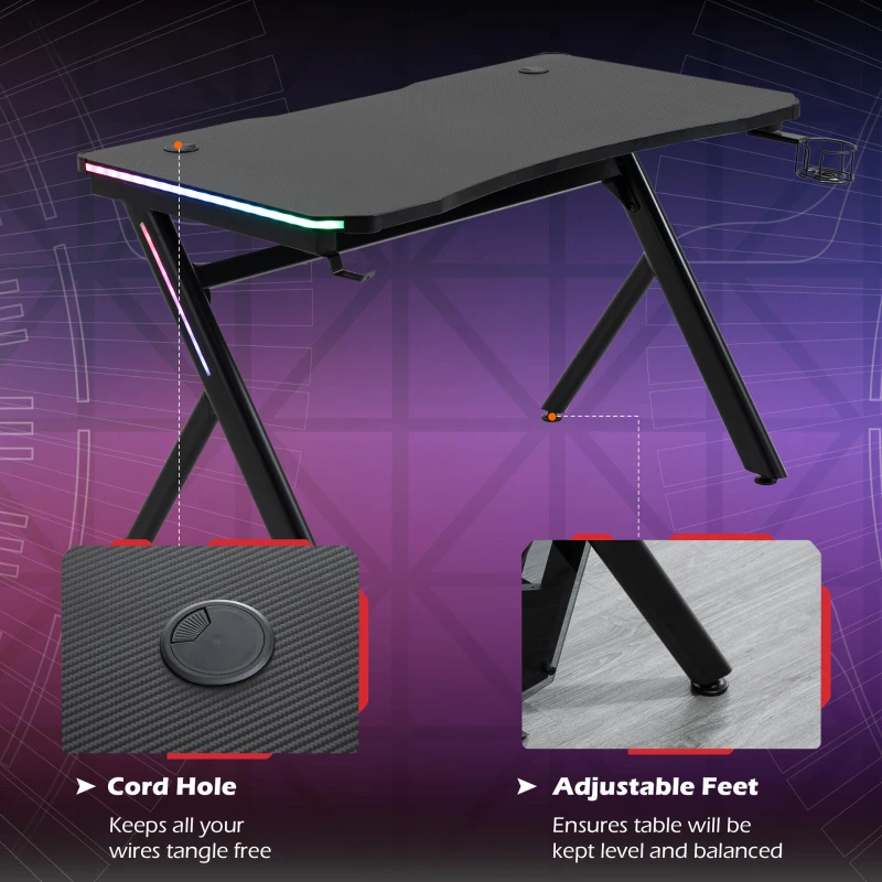 HOMCOM RGB Gaming Desk Computer Table Metal Frame with LED Light, Cup Holder, Headphone Hook, Cable Hole, Black