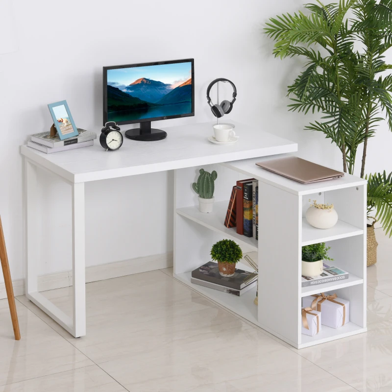 HOMCOM Corner Desk L-Shaped Straight Computer Desk with Rotating Storage Shelf, White Wood Grain