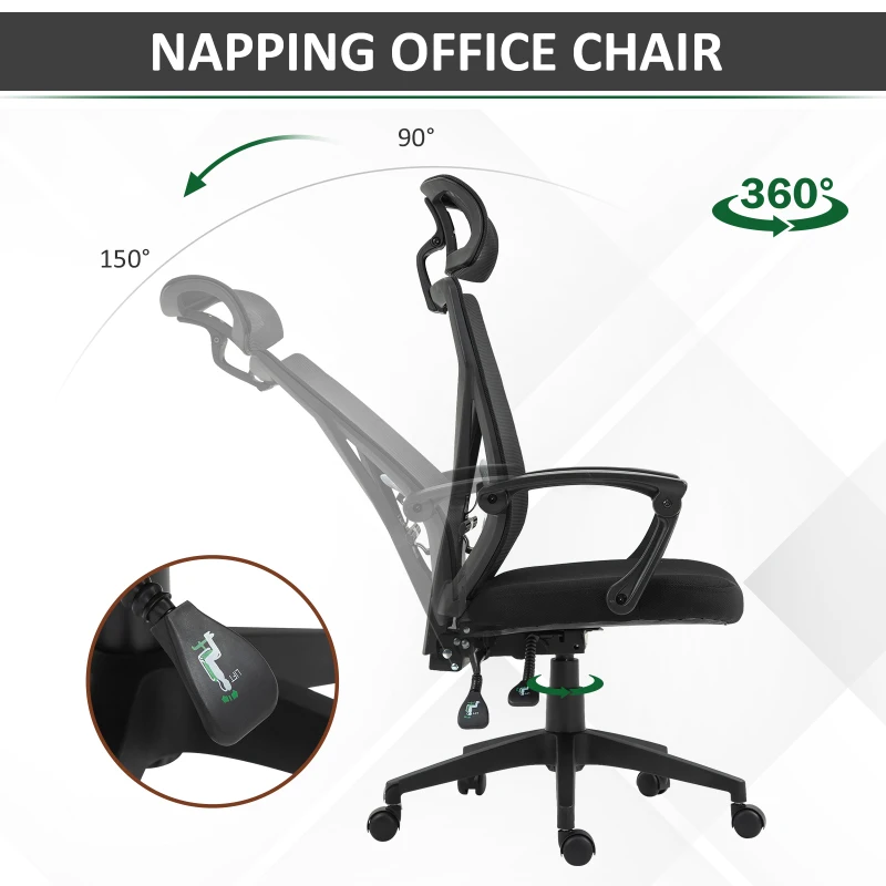 Vinsetto High Back Home Mesh Office Chair Swivel Reclining w/ Lumbar Support Height Adjustable Free Moving Suitable For Working Relaxing Black