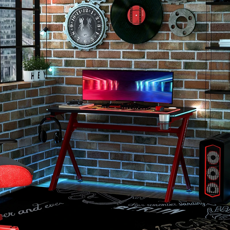 HOMCOM Gaming Desk with RGB LED Lights, Racing Style Computer Table with Carbon Fibre Surface, Cup Holder, Cable Management, Black