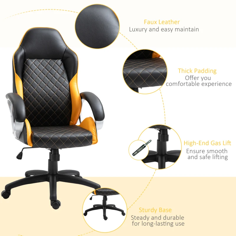 Vinsetto Office Chair Faux Leather Diamond Line High-Back Rocker Swivel Computer Desk Chair with Wheels, Black Orange