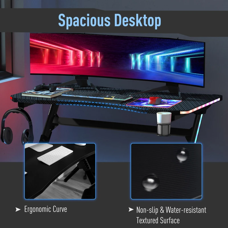 HOMCOM Gaming Desk with RGB LED Lights, Racing Style Computer Table with Carbon Fibre Surface, Cup Holder, Cable Management, Black