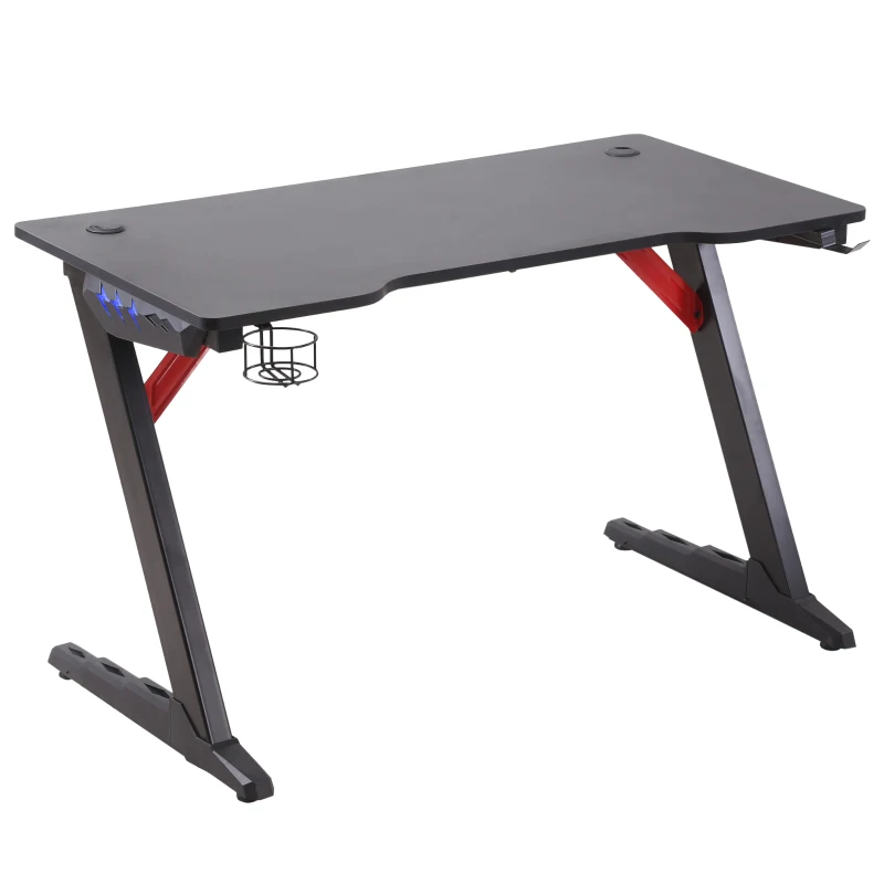 HOMCOM Racing Style Gaming Desk with LED Lights, Z-Shaped Computer Table Workstation with Cup Holder, Headphone Hook and Cable Management Holes for Study, Home Office, Black