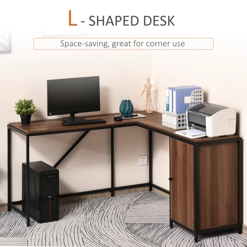 HOMCOM L-Shaped Computer Corner Desk with Cabinet, Adjustable Shelf, PC Table Workstation for Home Office, Space-Saving, Industrial Style, Walnut and Black