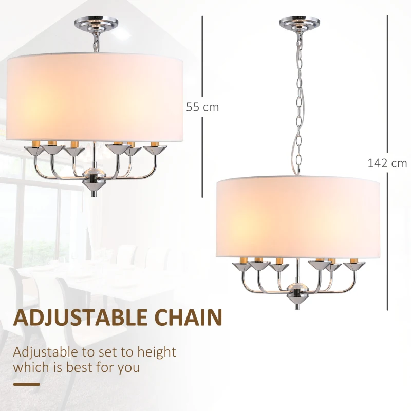 HOMCOM Modern Chandelier Candle Pendant Light Fabric Lampshades with Adjustable Hanging Chain for Living Room, Dining Room, Kitchen, White