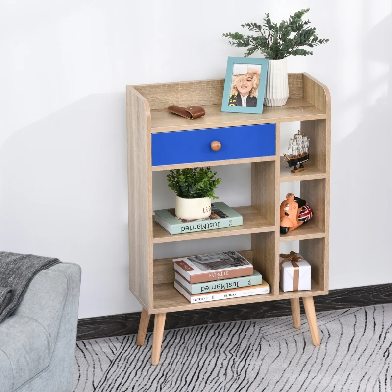 HOMCOM Multi-Shelf Modern Bookcase Freestanding Storage w/ Drawer 6 Shelves Wood Legs Home Office Display Furniture Stylish Oak Blue