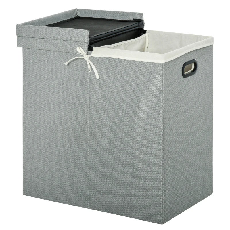 HOMCOM Linen Folding Laundry Basket, Hamper Bin with 2 Sections, Lid and Removable Liner and Handles, 115L Storage Capacity, Grey