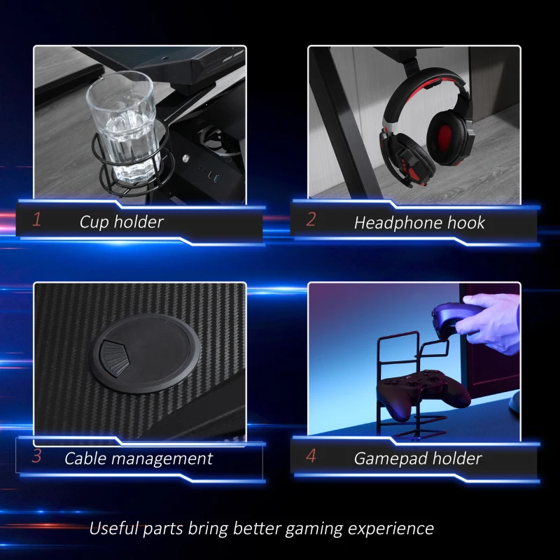 HOMCOM 122 x 66 cm Racing Gaming Desk, Computer Table with Cup Holder and Headphone Hook, Black
