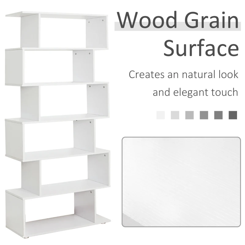 HOMCOM S Shape Wooden 6-tier Bookshelf Open Concept Bookcase Storage Display Unit for Home Office Living Room, White