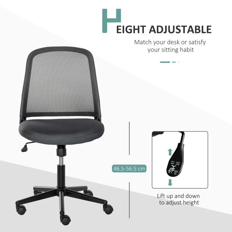 Vinsetto Swivel Mid Back Office Chair Mesh Fabric Computer Home Study Bedroom Conference Armless Leisure Chair with Wheels, Grey