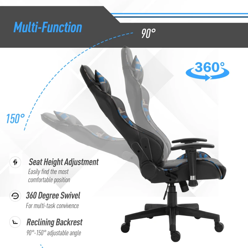 Vinsetto Gaming Office Chair w/ Massage Lumbar Support, Camouflage Panels, 5 Wheels, Adjustable Arms Height, High Back Racing Gamer Recliner, Blue