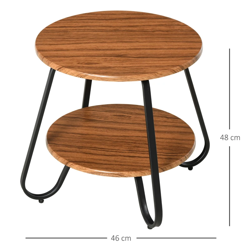 HOMCOM Retro Two-Tier Coffee Table w/ Curved Metal Frame Adjustable Feet Oak-Effect Round Tops Side End Home Furniture Stylish Living Room