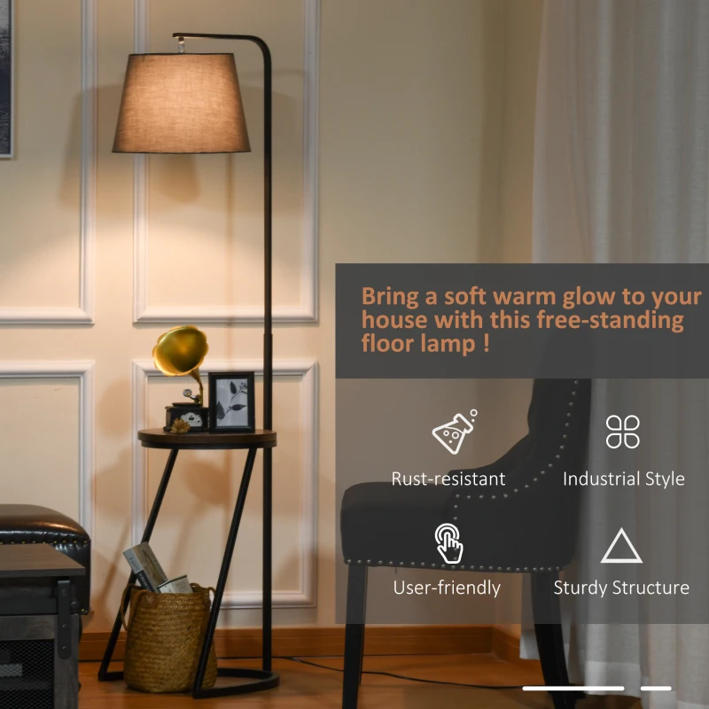 HOMCOM 165cm Unique Floor Lamp & Middle Wood Shelf Industrial Style Steel Frame Curved Base Home Office Lighting Storage Brown&Black