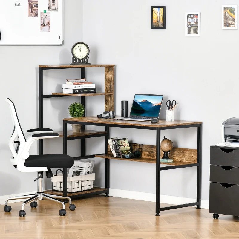 HOMCOM Computer Desk with 4 Storage Shelves Writing Study Desk with Bookshelf for Home Office Sturdy Student Workstation for Small Spaces with Steel Frame