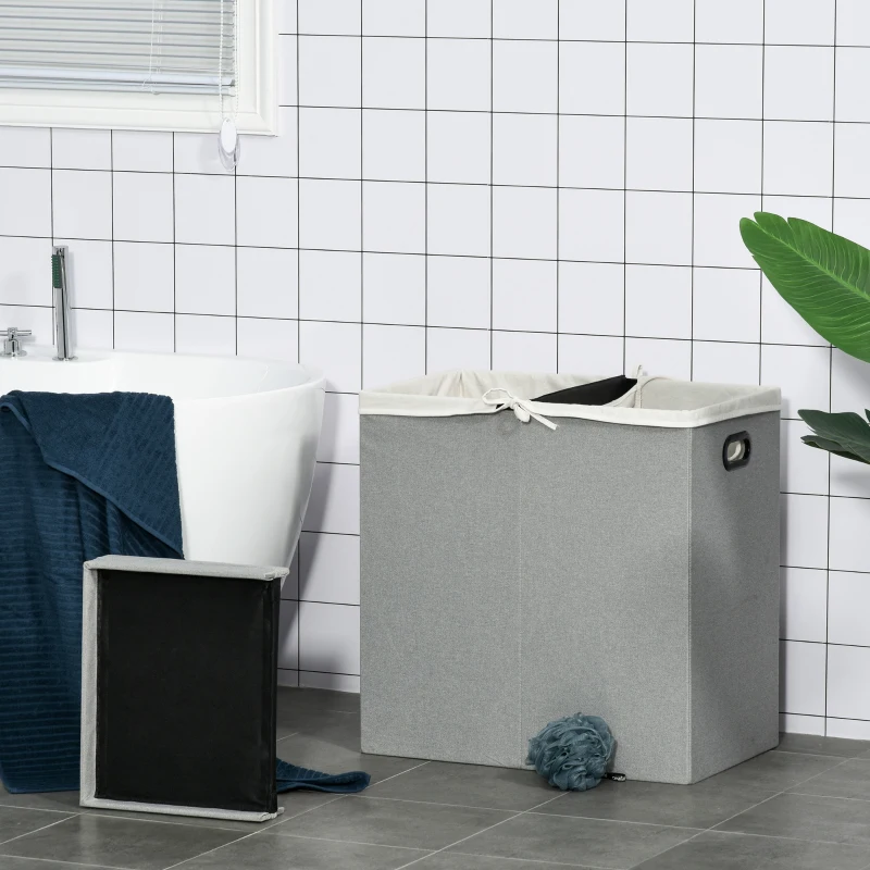 HOMCOM Linen Folding Laundry Basket, Hamper Bin with 2 Sections, Lid and Removable Liner and Handles, 115L Storage Capacity, Grey