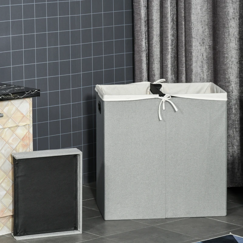 HOMCOM Linen Folding Laundry Basket, Hamper Bin with 2 Sections, Lid and Removable Liner and Handles, 115L Storage Capacity, Grey