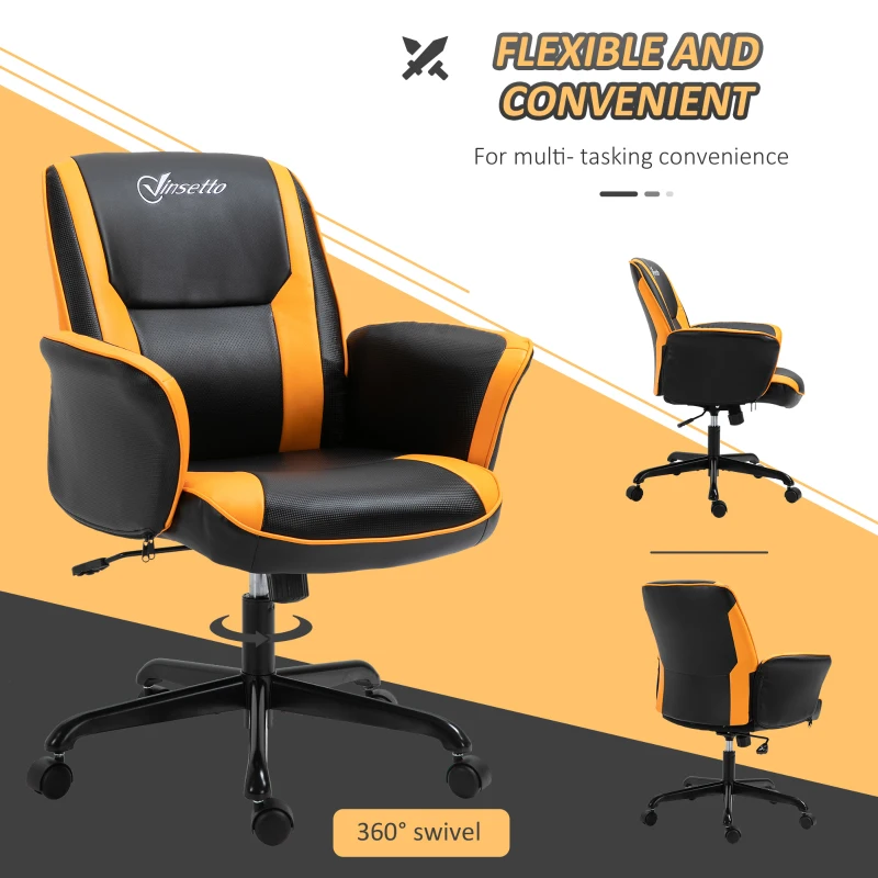 Vinsetto PU Leather Tub Seat Office Chair w/ Yellow Panels Wheels Mid-Back Armrests Ergonomic Comfort Home Office Gaming Black Orange
