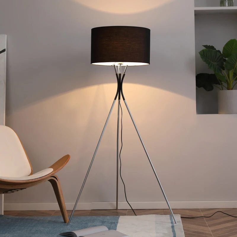 HOMCOM Modern Tripod Floor Lamp, Free Standing Light with Metal Frame, Fabric Lampshade and E27 Base for Living Room, Bedroom, Office, 146cm, Black
