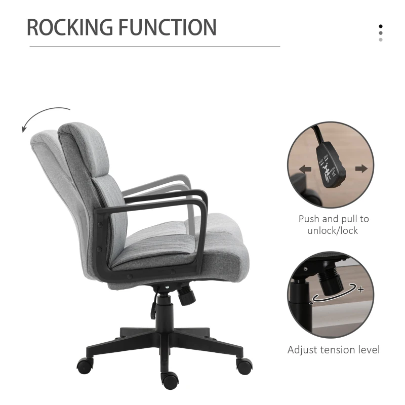Vinsetto Mid Back Office Chair Height Adjustable Linen Fabric Task Chair with Ergonomic Line Wide Seat, Thick Padding, and 360° Swivel Wheels