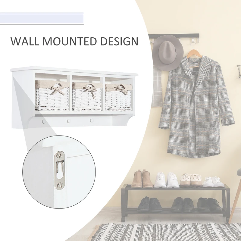 HOMCOM Entryway Coat Rack Wall Mounted Shelf w/Wicker Basket and Hooks (3 Baskets, White)