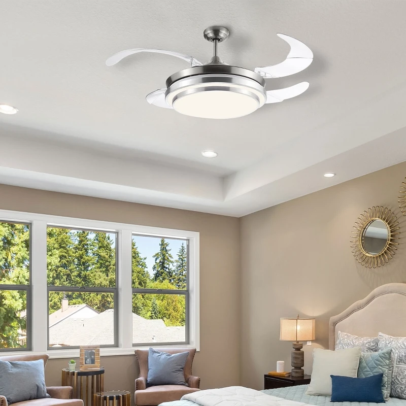 HOMCOM Ventoinha de Teto 51W com Luz LED 30W Ajustável 3000/4000/6000K Controle Remoto 3 Velocidades Temporizador 4 Lâminas para Dormitório Sala de Estar Ø106x43 cm Prata