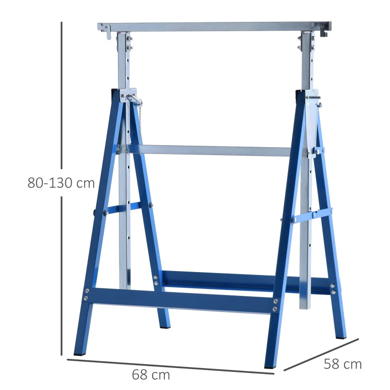 HOMCOM Conjunto de 2 Cavaletes Telescópicos Dobráveis com Altura Ajustável Cavaletes de Serra de Aço para Mesa de Trabalho Carga 200kg 68x58x80-130cm Azul e Prata