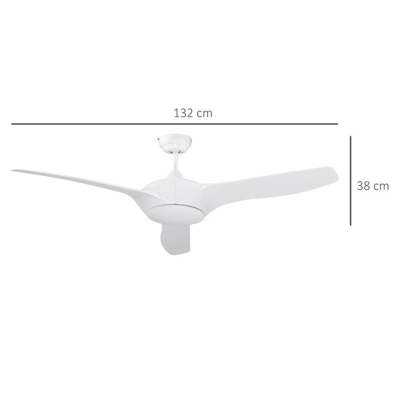 HOMCOM Ventoinha de Teto Diâmetro 132cm com Luz LED Controle Remoto 3 Lâminas Reversíveis 6 Velocidades e Temporizador Silencioso para Dormitório Sala de Estar Sala de Jantar Branco