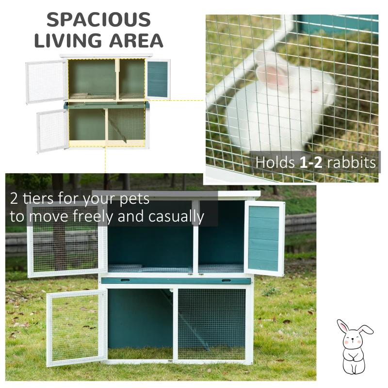 PawHut 2 Tier Wooden Rabbit Hutch, Guinea Pig Cage, Bunny Run, Small Animal House for Indoor Outdoor with Slide-out Tray, Ramp, 104 x 58 x 110cm, Green