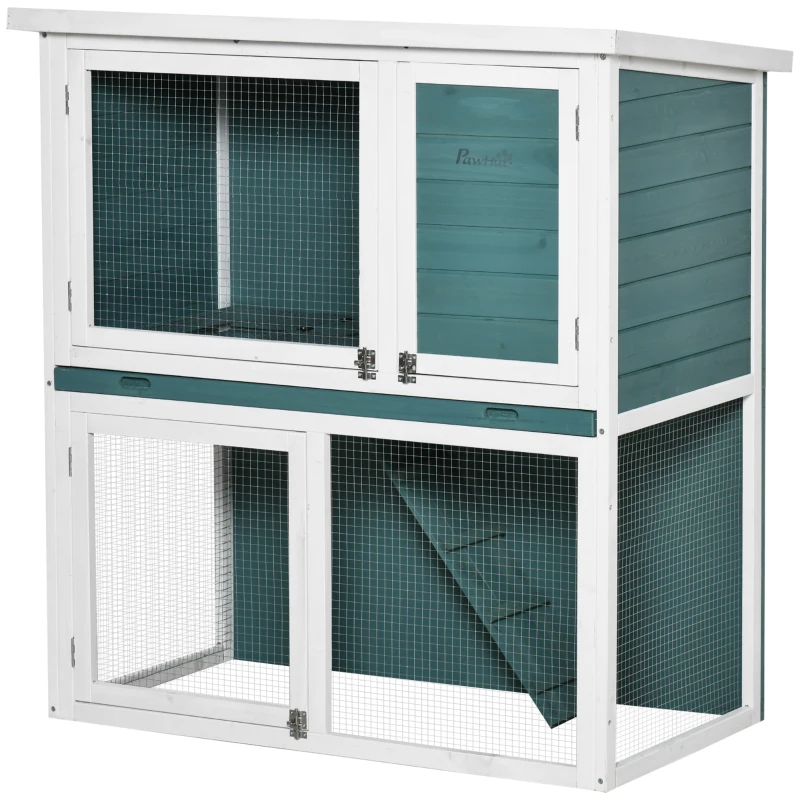 PawHut 2 Tier Wooden Rabbit Hutch, Guinea Pig Cage, Bunny Run, Small Animal House for Indoor Outdoor with Slide-out Tray, Ramp, 104 x 58 x 110cm, Green