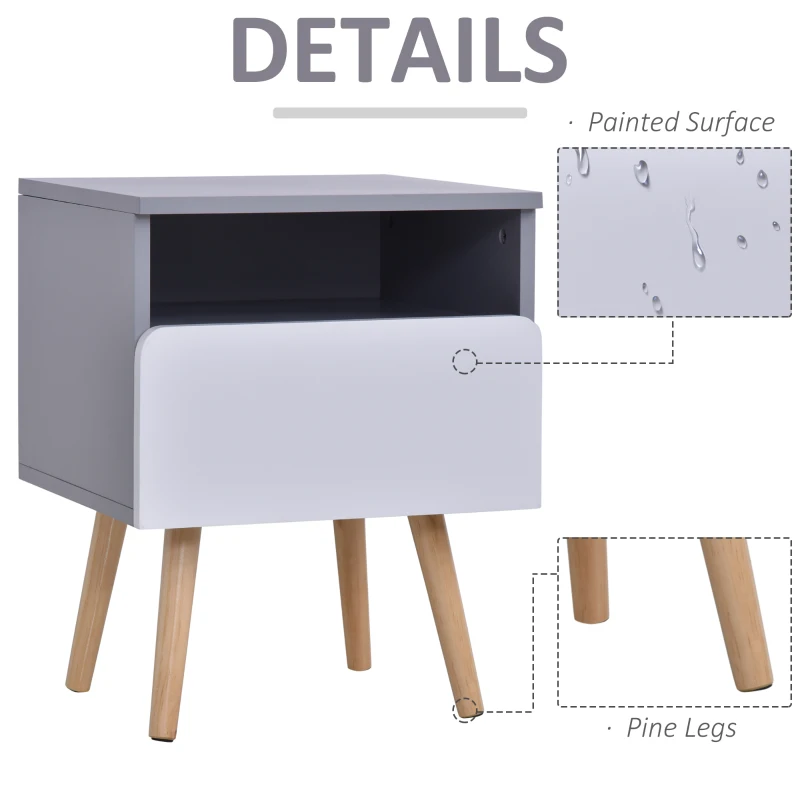 HOMCOM Clean-Cut Bedside Table Bedroom w/ Drawer Open Compartment Wood Legs Sleek Home Furniture Night Stand Stylish Grey White