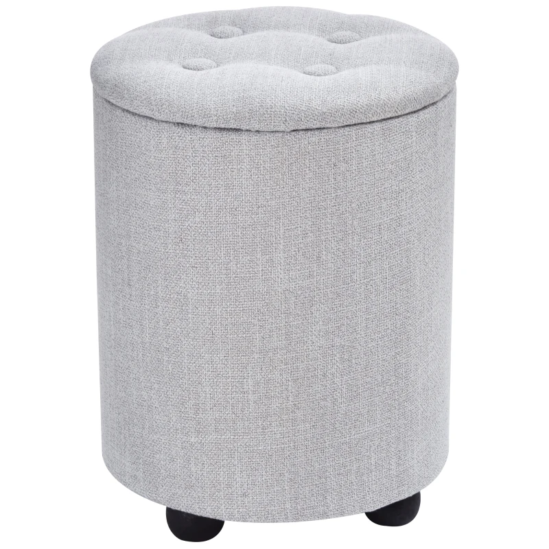 HOMCOM φ30 x 40H cm Elegant Linen Storage Ottoman Stool w/ Tufting Padded Top Home Living Room Furniture Seat Footrest Removable Lid Grey