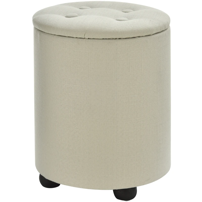 HOMCOM φ30 x 40H cm Elegant Linen Storage Ottoman Stool w/ Tufting Padded Top Home Living Room Furniture Seat Footrest Removable Lid Ivory