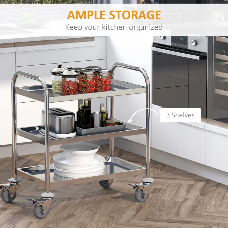 HOMCOM Stainless Steel 3 Tier Rolling Kitchen Service Cart Catering Storage Trolley Island Utility with Locking Wheels for Hotels Restaurants 70.5L x 40.5D x 81H (cm)