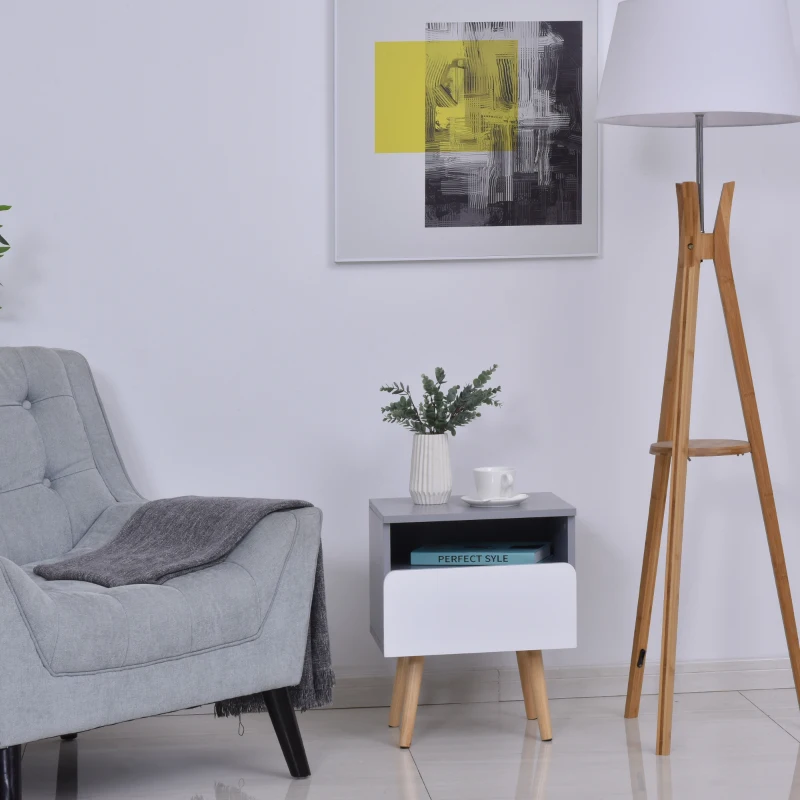 HOMCOM Clean-Cut Bedside Table Bedroom w/ Drawer Open Compartment Wood Legs Sleek Home Furniture Night Stand Stylish Grey White