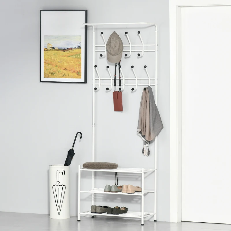 HOMCOM Coat Rack Stand Hall Tree Hallway Furniture with 18 Hooks 3-Tier Shoe Rack Metal Frame for Entryway Bedroom Living Room White