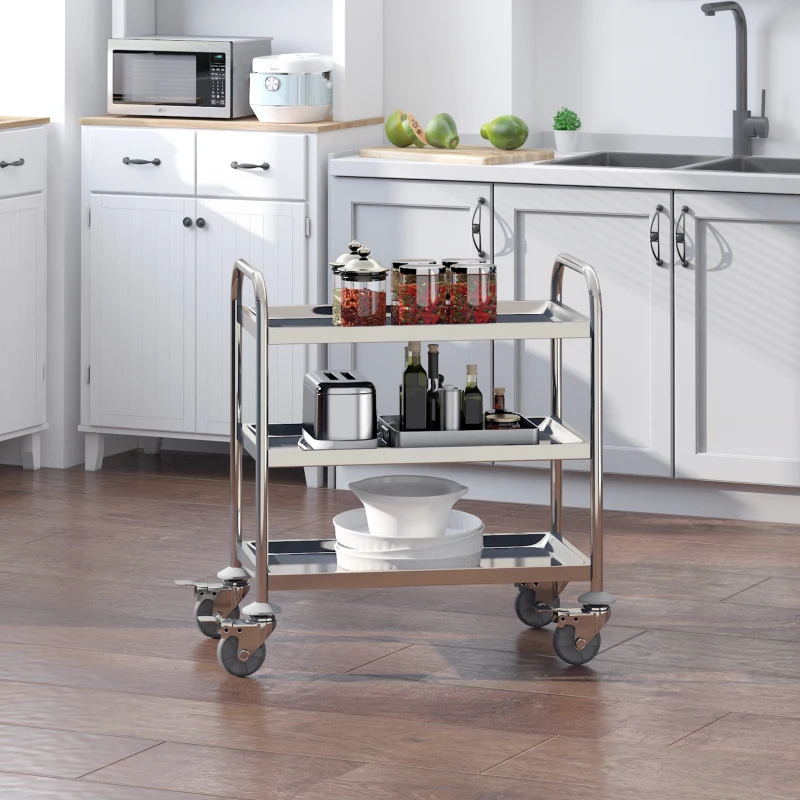 HOMCOM Stainless Steel 3 Tier Rolling Kitchen Service Cart Catering Storage Trolley Island Utility with Locking Wheels for Hotels Restaurants 70.5L x 40.5D x 81H (cm)