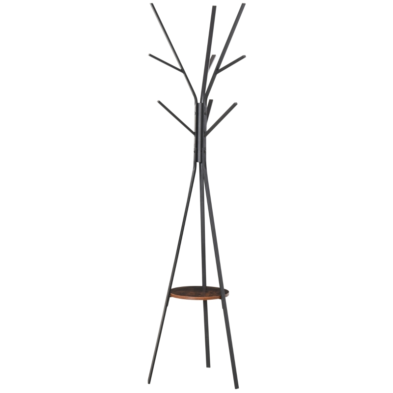 HOMCOM Free Standing Metal Coat Rack Stand 9 Hooks w/ Shelf in Brown