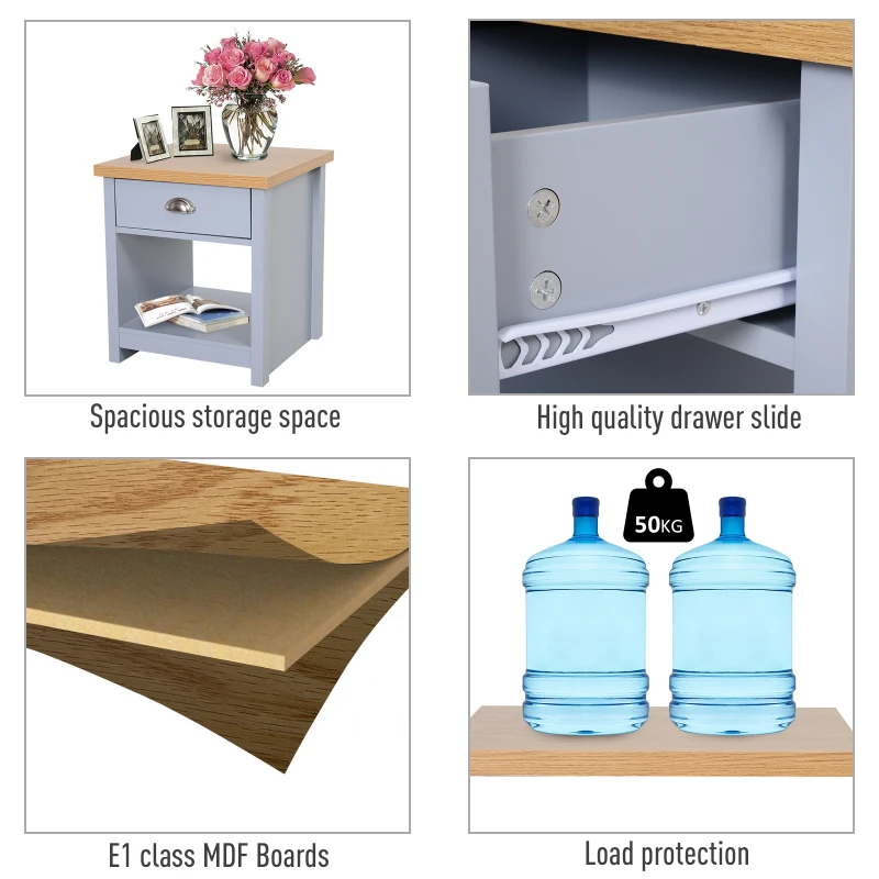 HOMCOM Bedside Table Nightstand with Drawer and Open Shelf, Rustic Style Bedroom Cabinet, Grey