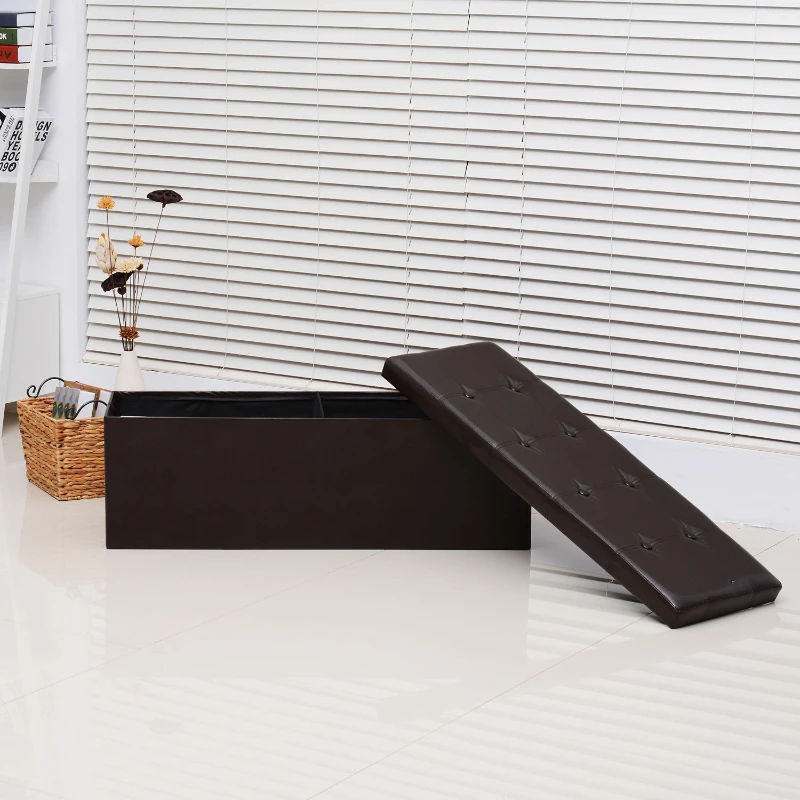 HOMCOM Foldable Storage Ottoman Box Stool Stool PU Bench Seat w/ Lid 110Lx38Wx38H(cm) (Brown)