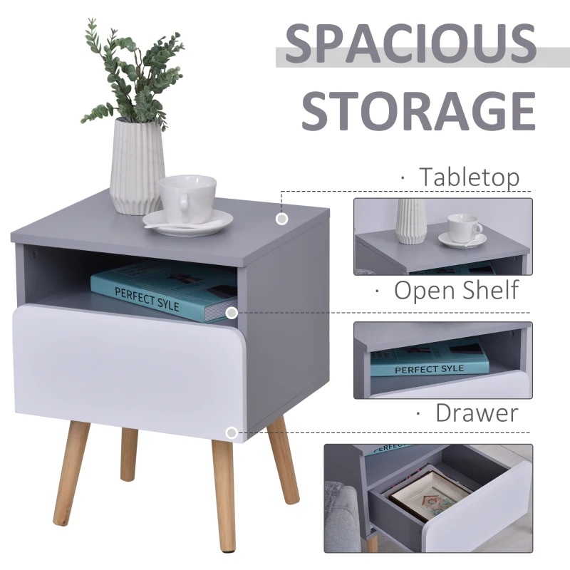HOMCOM Clean-Cut Bedside Table Bedroom w/ Drawer Open Compartment Wood Legs Sleek Home Furniture Night Stand Stylish Grey White