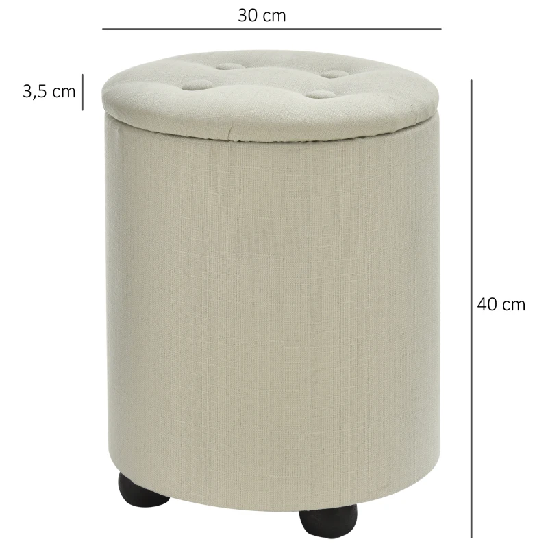 HOMCOM φ30 x 40H cm Elegant Linen Storage Ottoman Stool w/ Tufting Padded Top Home Living Room Furniture Seat Footrest Removable Lid Ivory