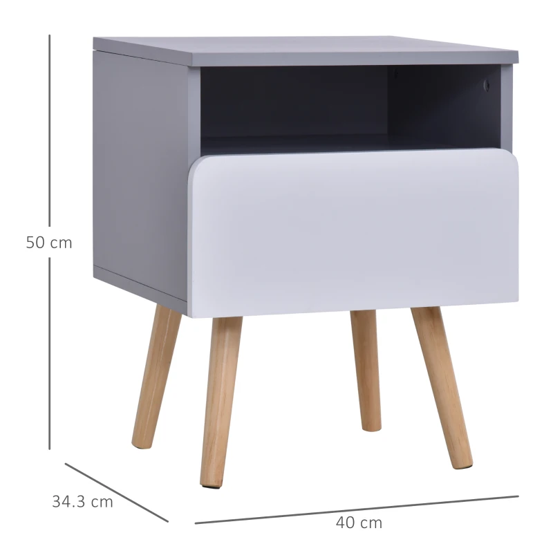 HOMCOM Clean-Cut Bedside Table Bedroom w/ Drawer Open Compartment Wood Legs Sleek Home Furniture Night Stand Stylish Grey White