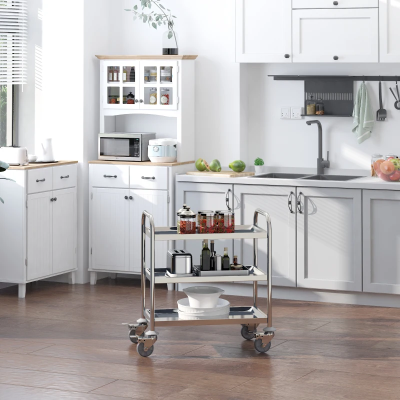 HOMCOM Stainless Steel 3 Tier Rolling Kitchen Service Cart Catering Storage Trolley Island Utility with Locking Wheels for Hotels Restaurants 70.5L x 40.5D x 81H (cm)