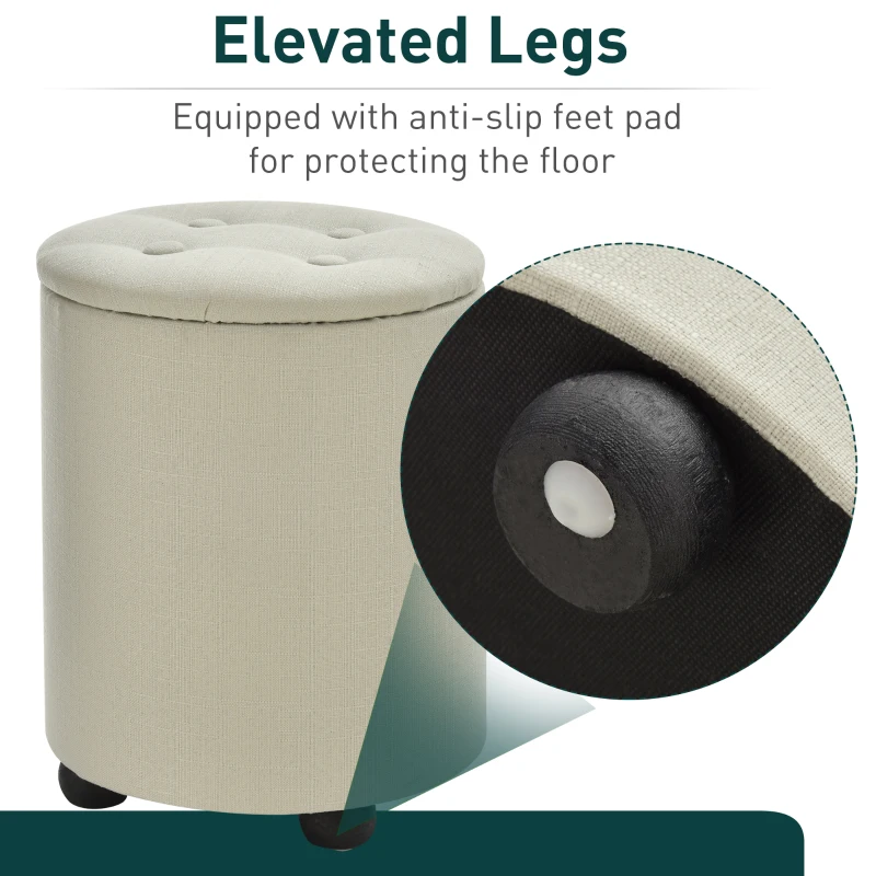 HOMCOM φ30 x 40H cm Elegant Linen Storage Ottoman Stool w/ Tufting Padded Top Home Living Room Furniture Seat Footrest Removable Lid Ivory