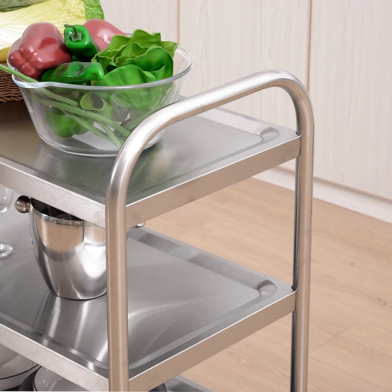 HOMCOM Stainless Steel 3 Tier Rolling Kitchen Service Cart Catering Storage Trolley Island Utility with Locking Wheels for Hotels Restaurants 70.5L x 40.5D x 81H (cm)