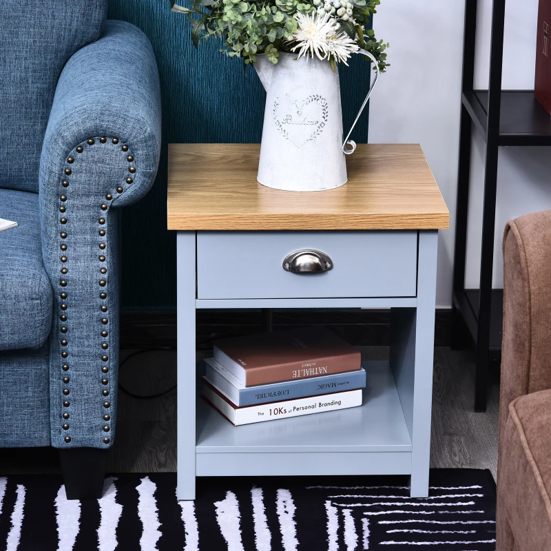 HOMCOM Bedside Table Nightstand with Drawer and Open Shelf, Rustic Style Bedroom Cabinet, Grey