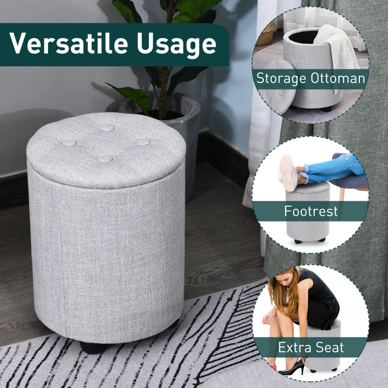 HOMCOM φ30 x 40H cm Elegant Linen Storage Ottoman Stool w/ Tufting Padded Top Home Living Room Furniture Seat Footrest Removable Lid Grey